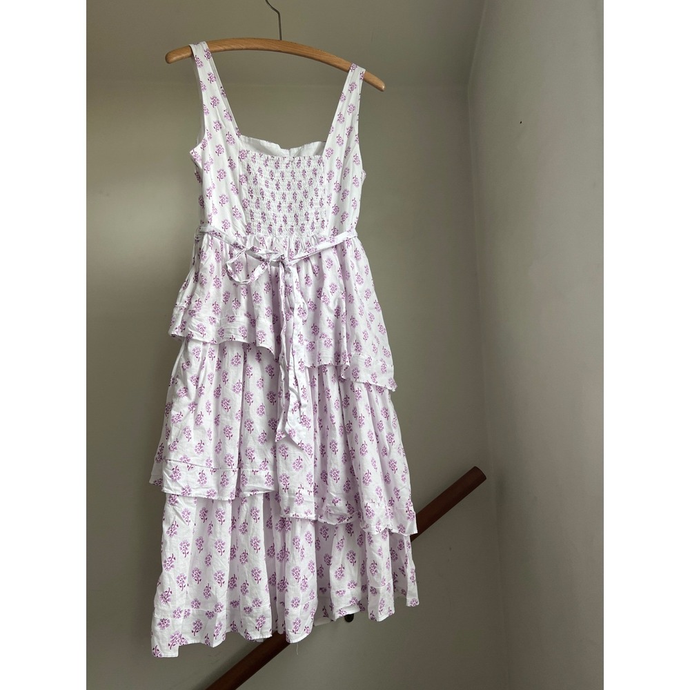 J. Crew Block Print Boho Ruffle Tiered Dress‎ Floral White Cotton Midi Size 10 - Picture 3 of 9